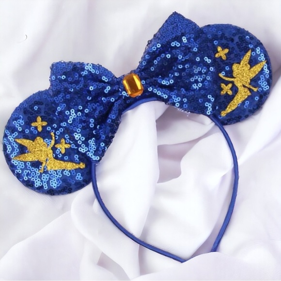 New Tinkerbell Headband w/ Blue Sequin Bow & Gold Gemstone - Disney Inspired! - Picture 5 of 6